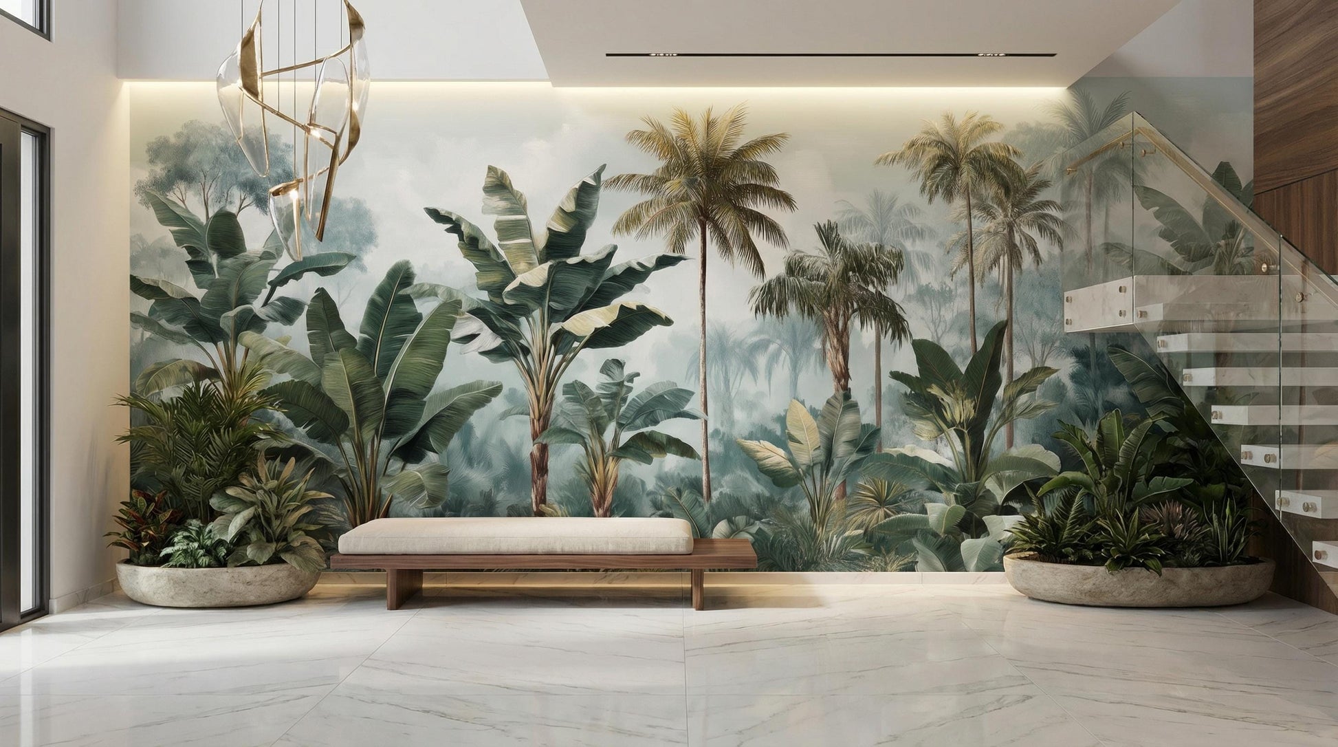 Muted Tropical Jungle Modern Floral Wallpaper – room setting, Golden Era Walls