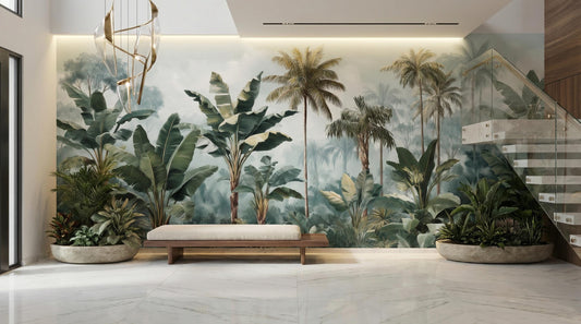 Muted Tropical Jungle Modern Floral Wallpaper – room setting, Golden Era Walls