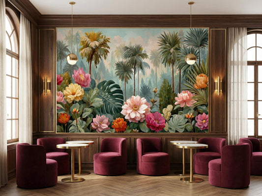 Tropical Floral Jungle Maximalist Floral Wallpaper – detail view, Golden Era Walls