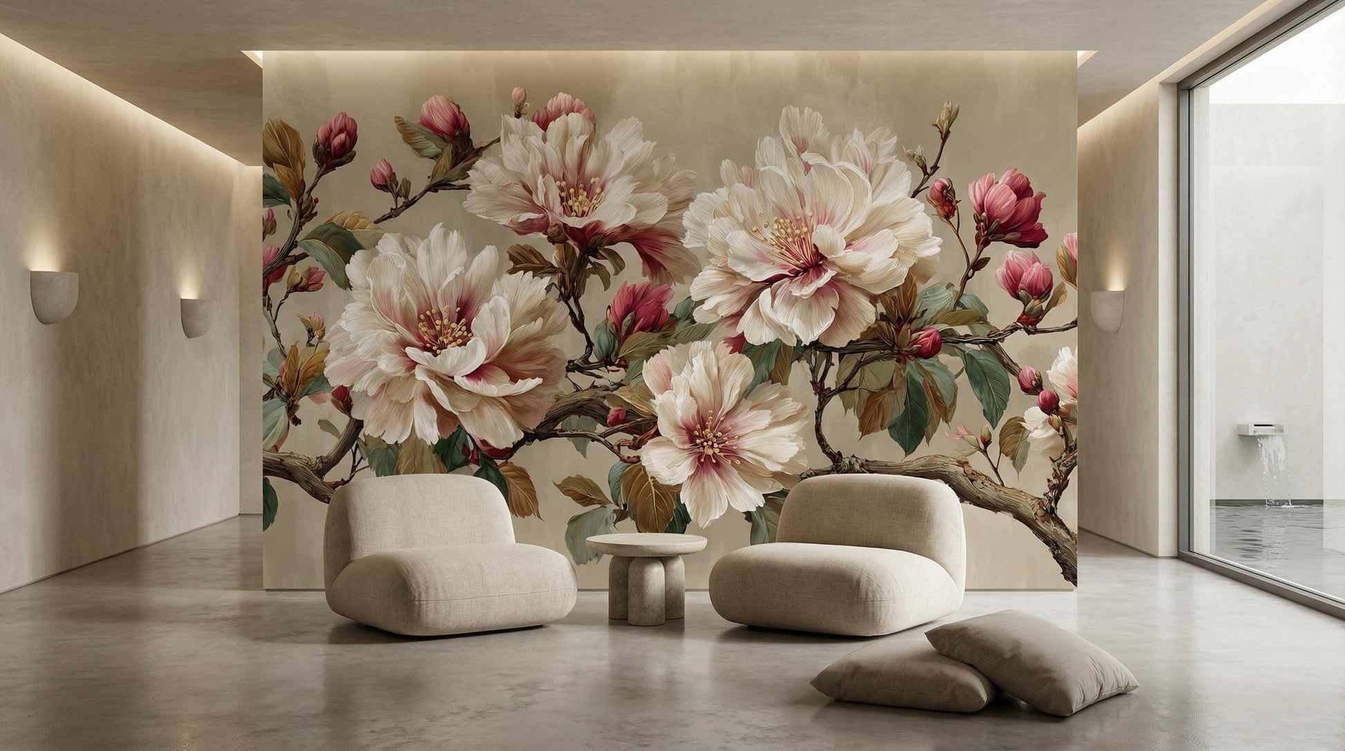 Vintage Peony Cream Pink Floral Wallpaper – detail view, Golden Era Walls