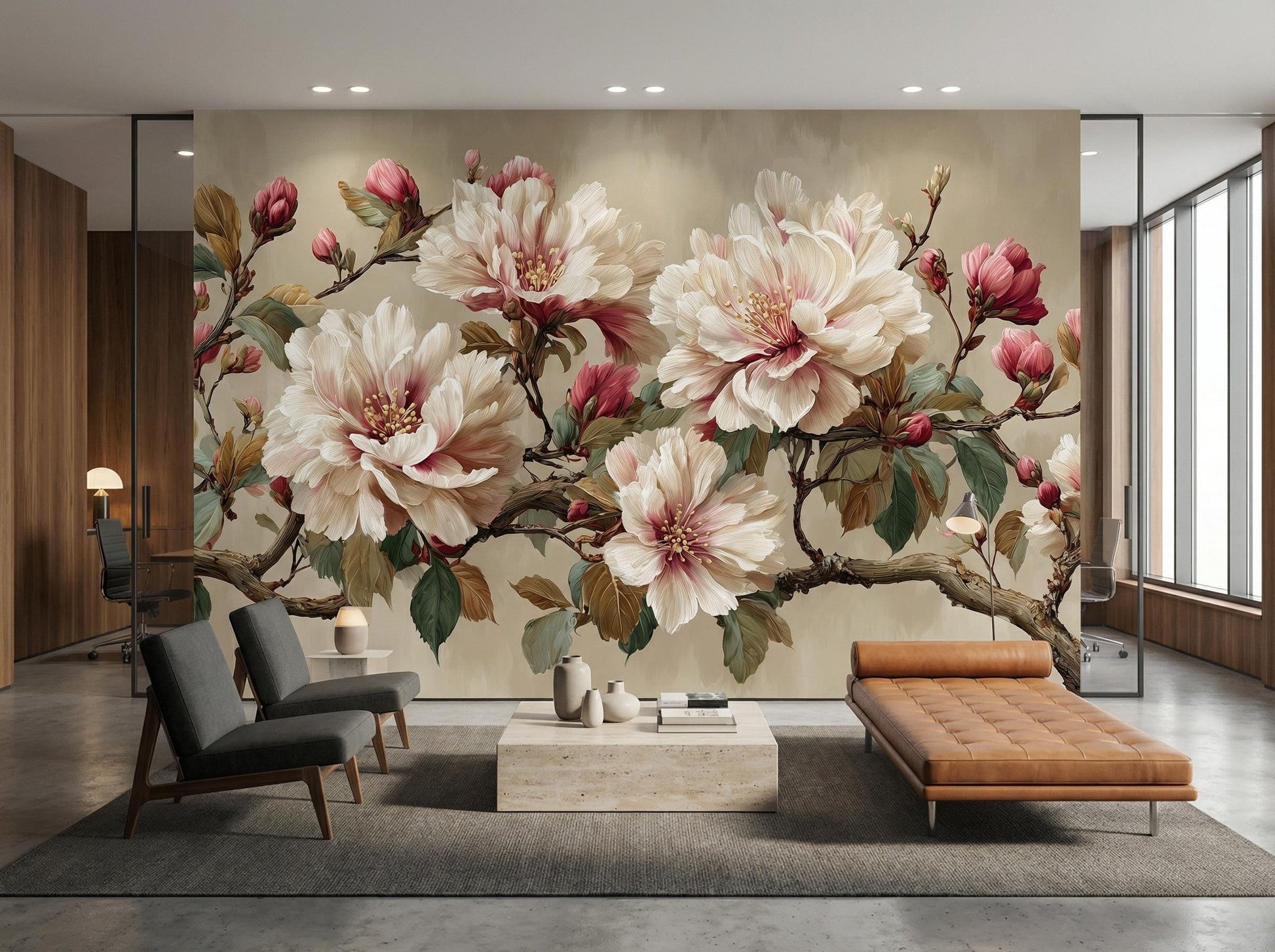 Vintage Peony Cream Pink Floral Wallpaper – alternate view, Golden Era Walls