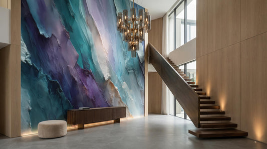 Abstract Purple Teal Modern Geometric Wallpaper – lifestyle view, Golden Era Walls