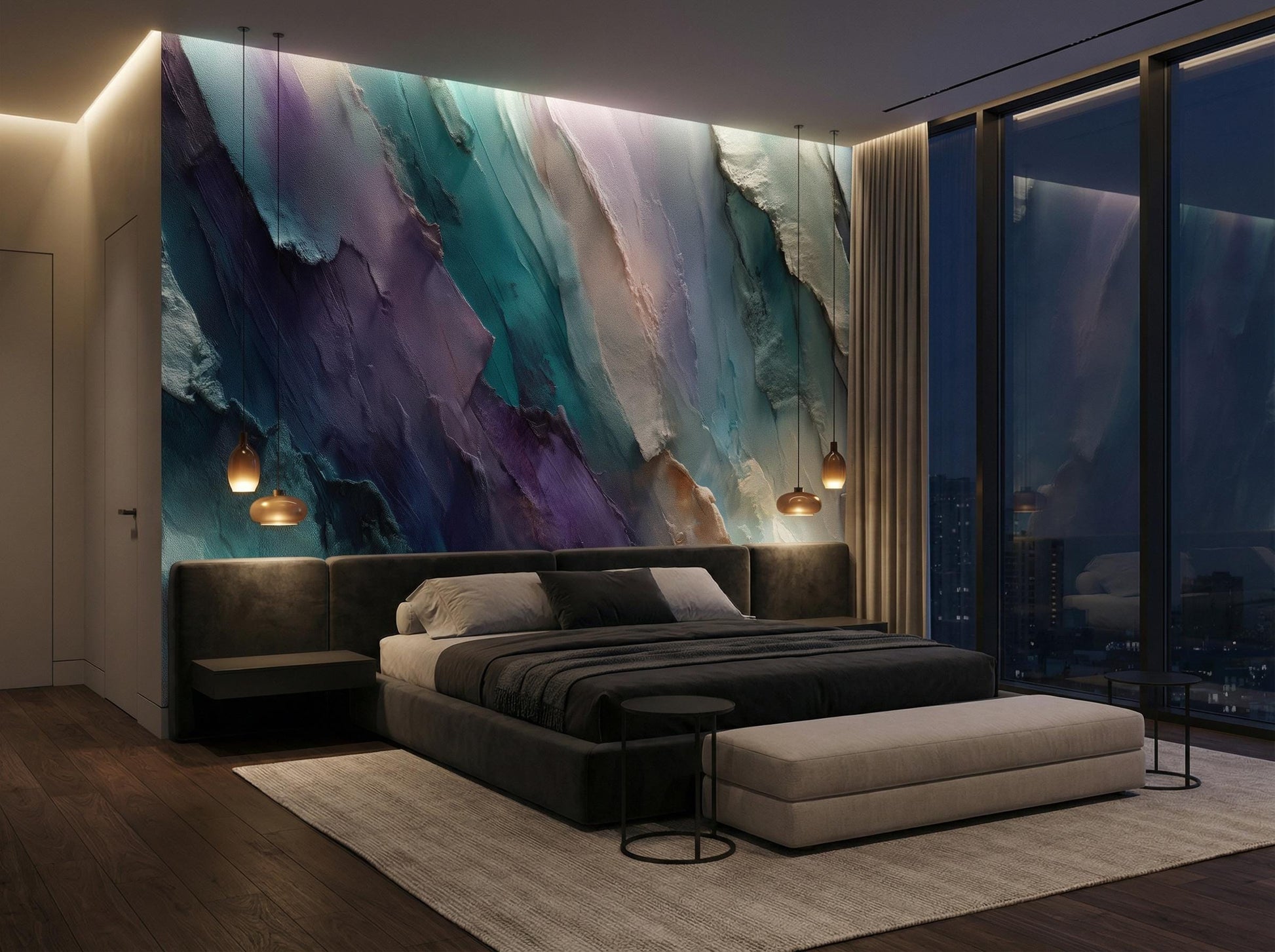 Abstract Purple Teal Modern Geometric Wallpaper – room setting, Golden Era Walls