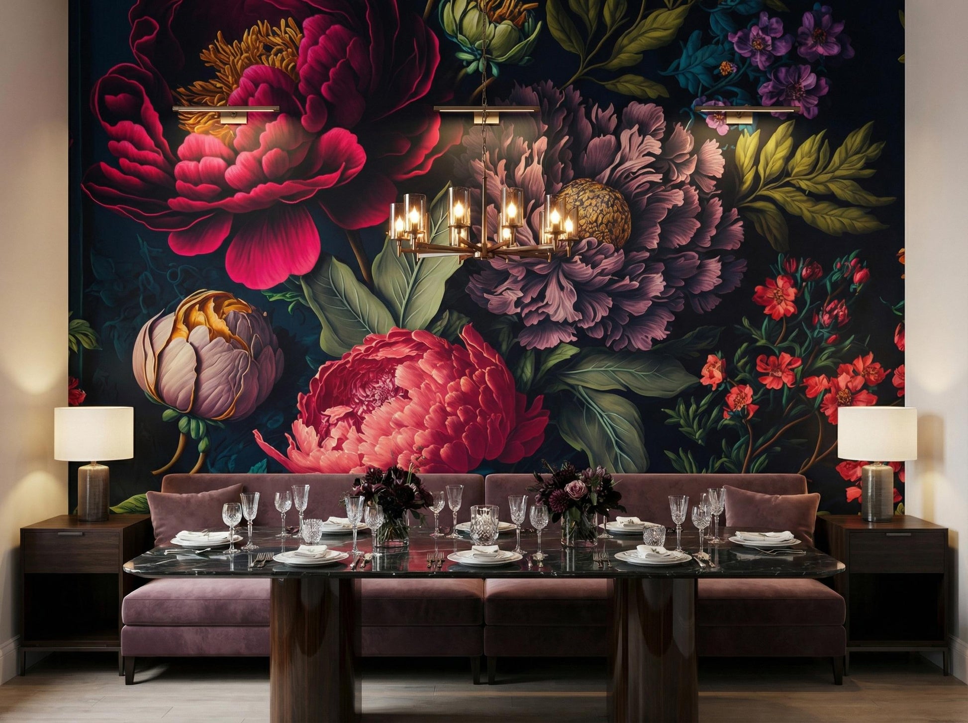 Romantic Flower Peony Bold Floral Wallpaper – room setting, Golden Era Walls