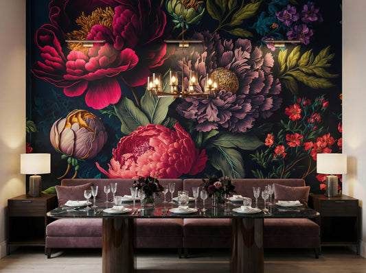 Romantic Flower Peony Bold Floral Wallpaper – room setting, Golden Era Walls