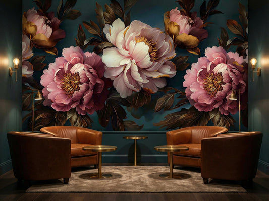 Luxury Purple Peony Dramatic Floral Wallpaper – lifestyle view, Golden Era Walls