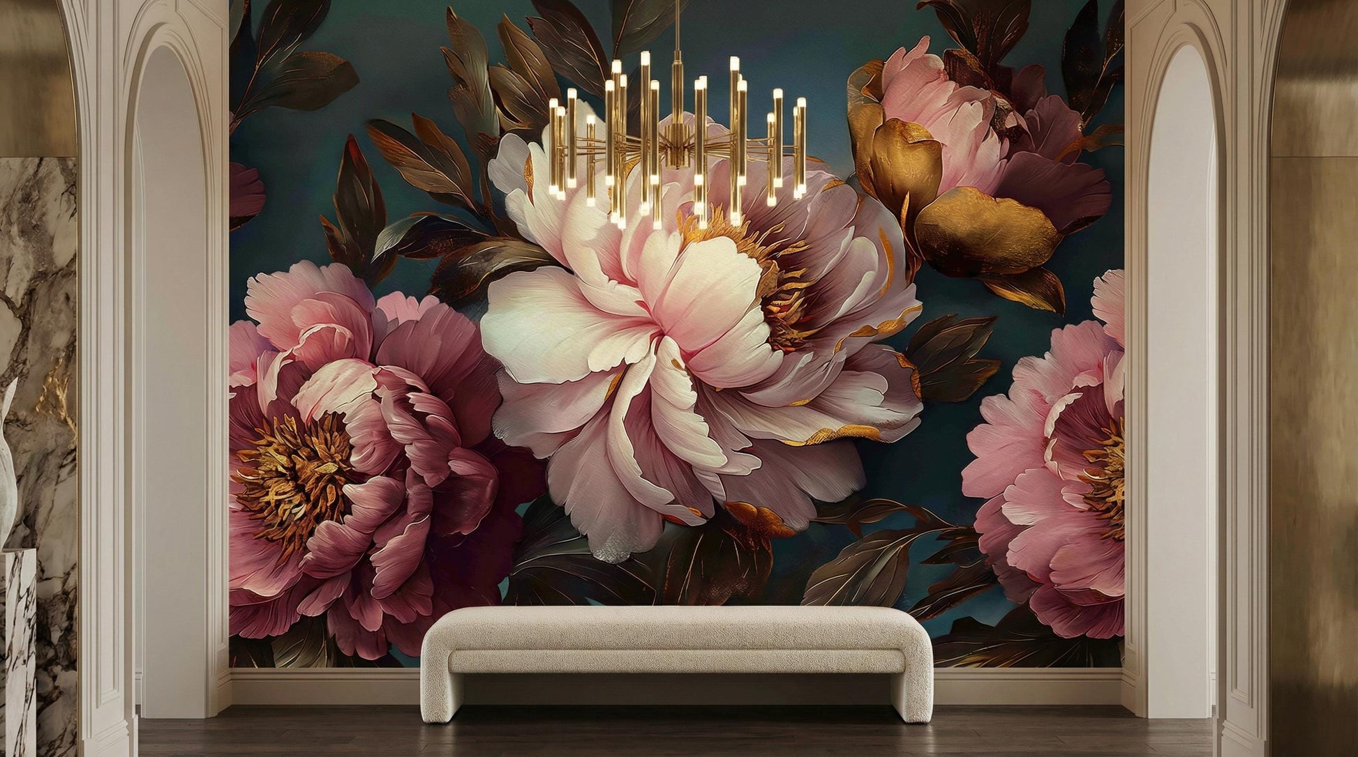 Luxury Purple Peony Dramatic Floral Wallpaper – room setting, Golden Era Walls