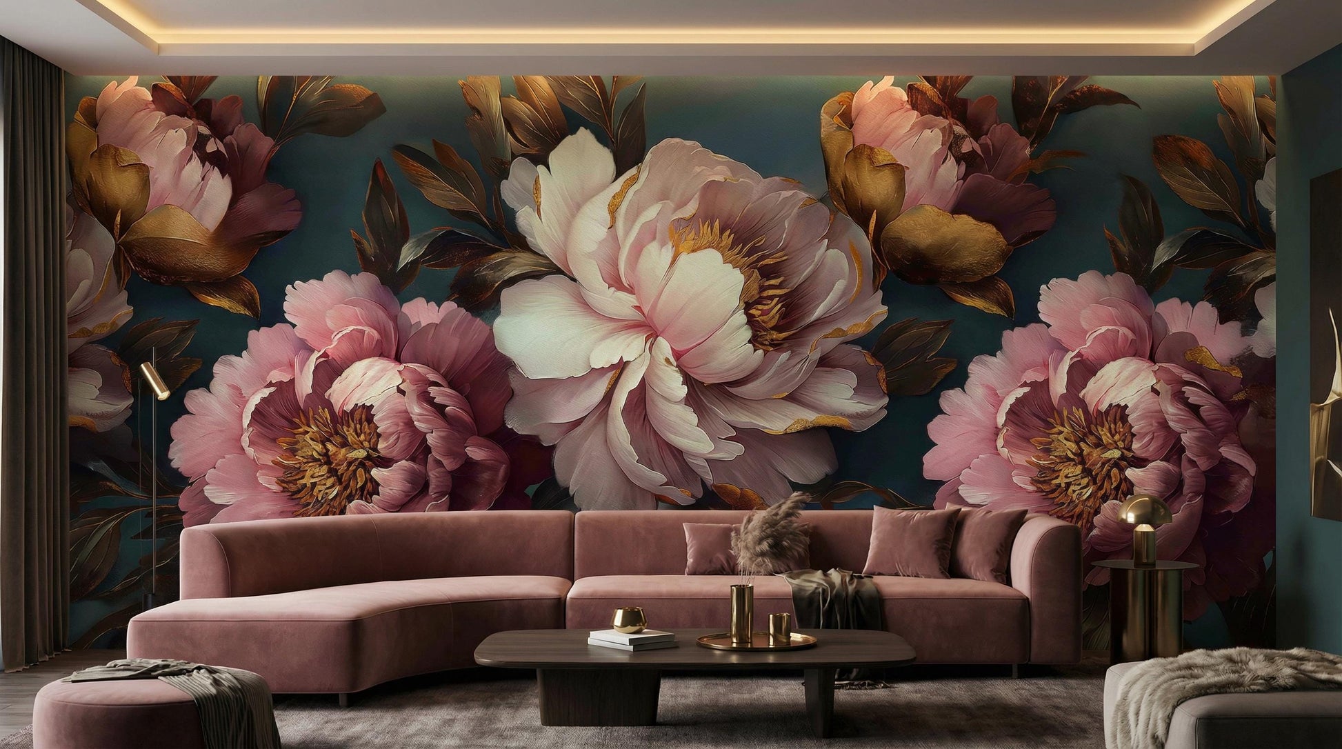 Luxury Purple Peony Dramatic Floral Wallpaper – scale reference, Golden Era Walls