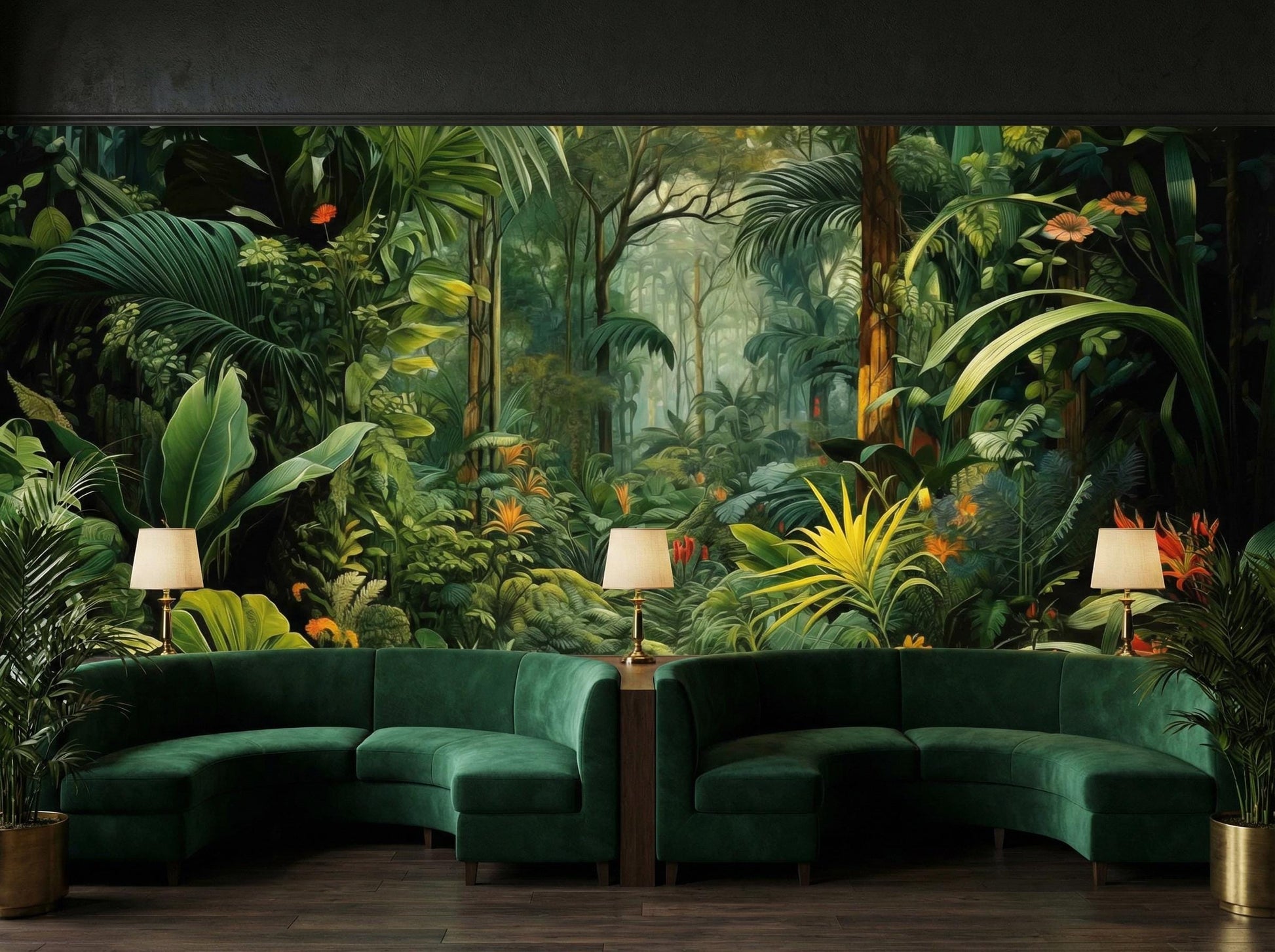 Tropical Jungle Dark Botanical Floral Wallpaper – detail view, Golden Era Walls