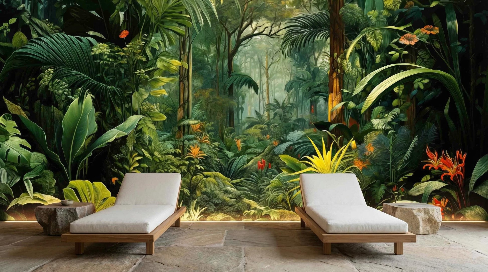 Tropical Jungle Dark Botanical Floral Wallpaper – scale reference, Golden Era Walls