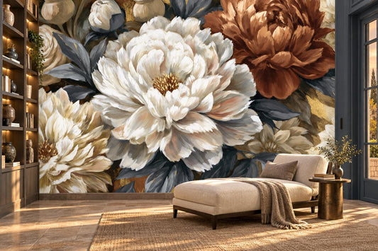 Large ivory peony wallpaper mural in a library lounge with a cream chaise and built-in shelves