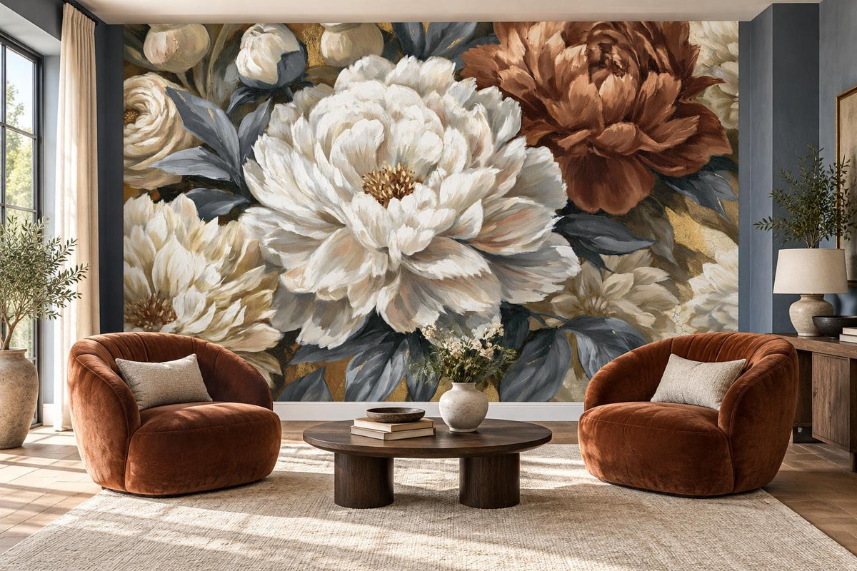Copper and ivory peony wall mural behind two rust velvet armchairs and a round dark coffee table