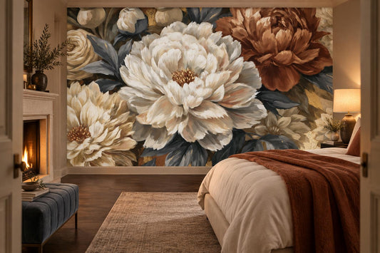 Slate blue and ivory peony mural in a bedroom with a fireplace, a rust throw and a tufted navy bench
