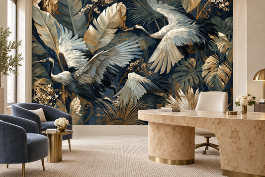 Custom wallpaper mural printed to the exact size of an office wall, shown behind a desk with a cream chair