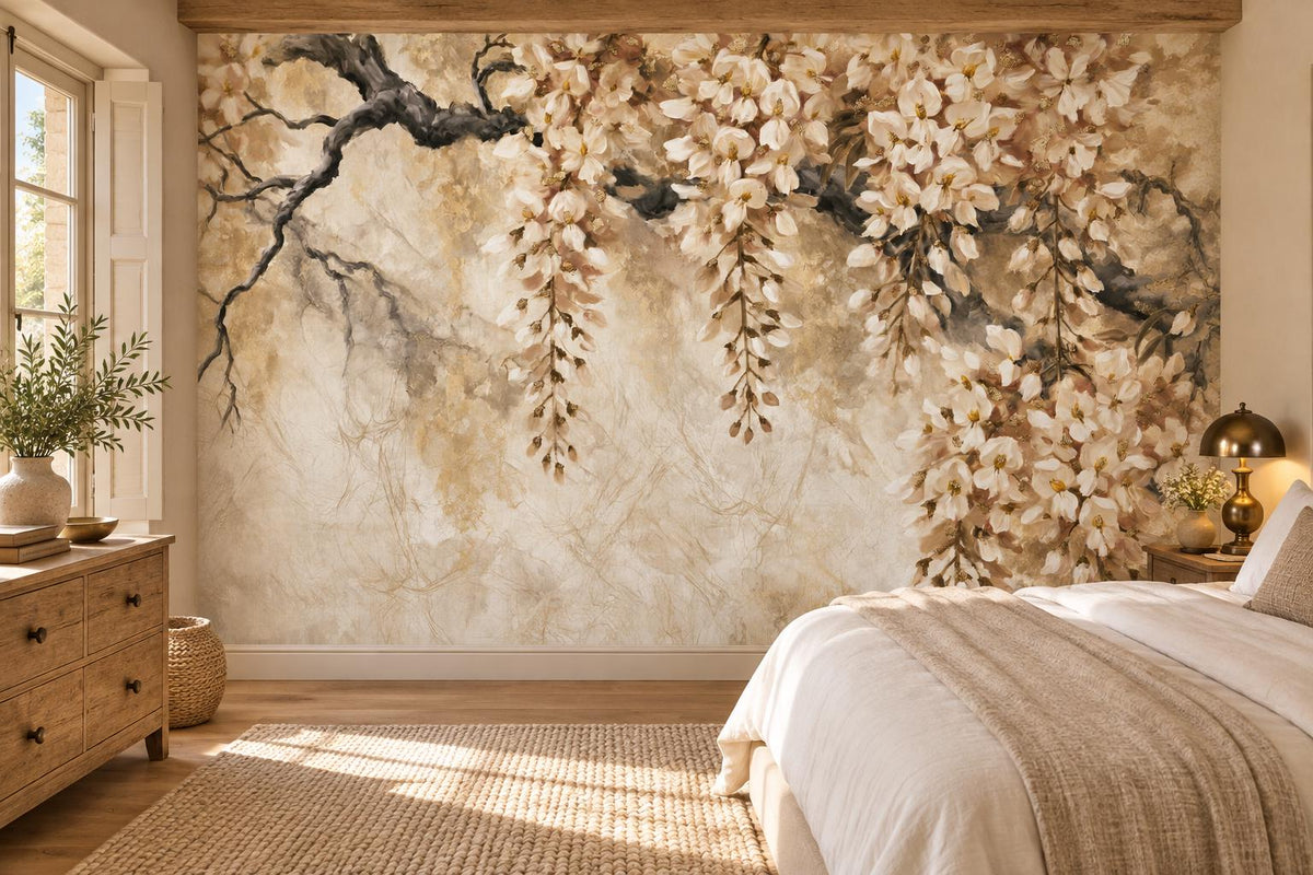 Ivory flowering branch wall mural on gold aged plaster behind a white bed with a burlap throw and a wood dresser