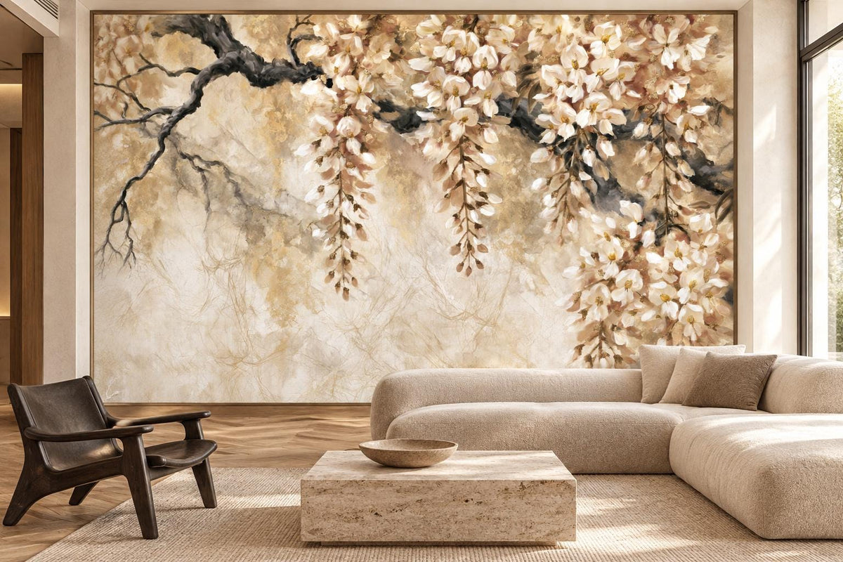 Cascading ivory flower wallpaper mural in a living room with a cream modular sofa and a travertine coffee table
