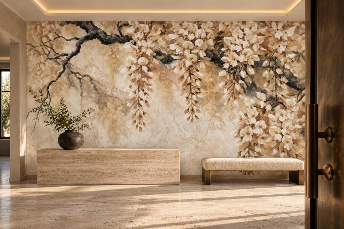Gold and charcoal branch floral mural in an entry with a travertine console and a cream bench