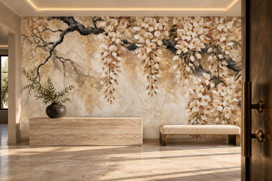 Gold and charcoal branch floral mural in an entry with a travertine console and a cream bench
