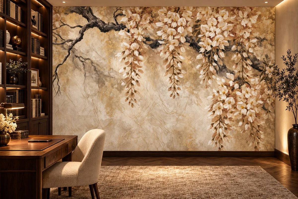 Ivory blossom and dark branch wall mural in a study with a walnut desk and built-in bookshelves