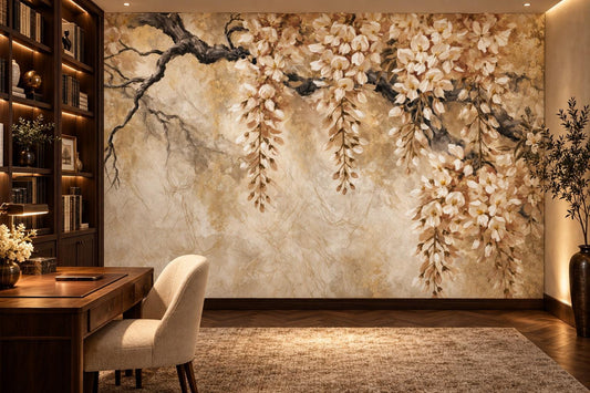 Ivory blossom and dark branch wall mural in a study with a walnut desk and built-in bookshelves