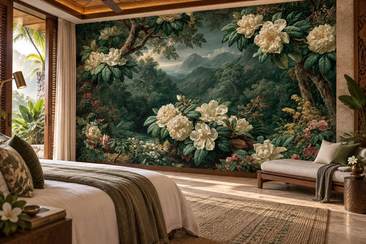 Deep green misty landscape wallpaper mural behind a resort-style bed with an olive throw
