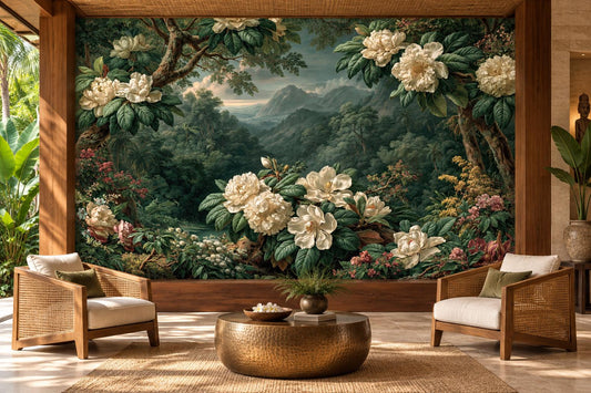 Magnolia and mountain valley wall mural in an open-air lounge with rattan armchairs and a hammered brass table