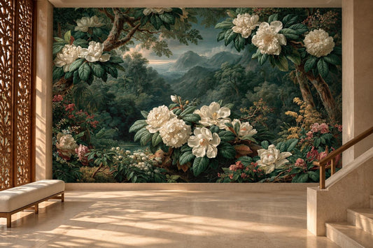 Ivory magnolia forest mural in a hall with a carved wood screen, a cream bench and a marble floor
