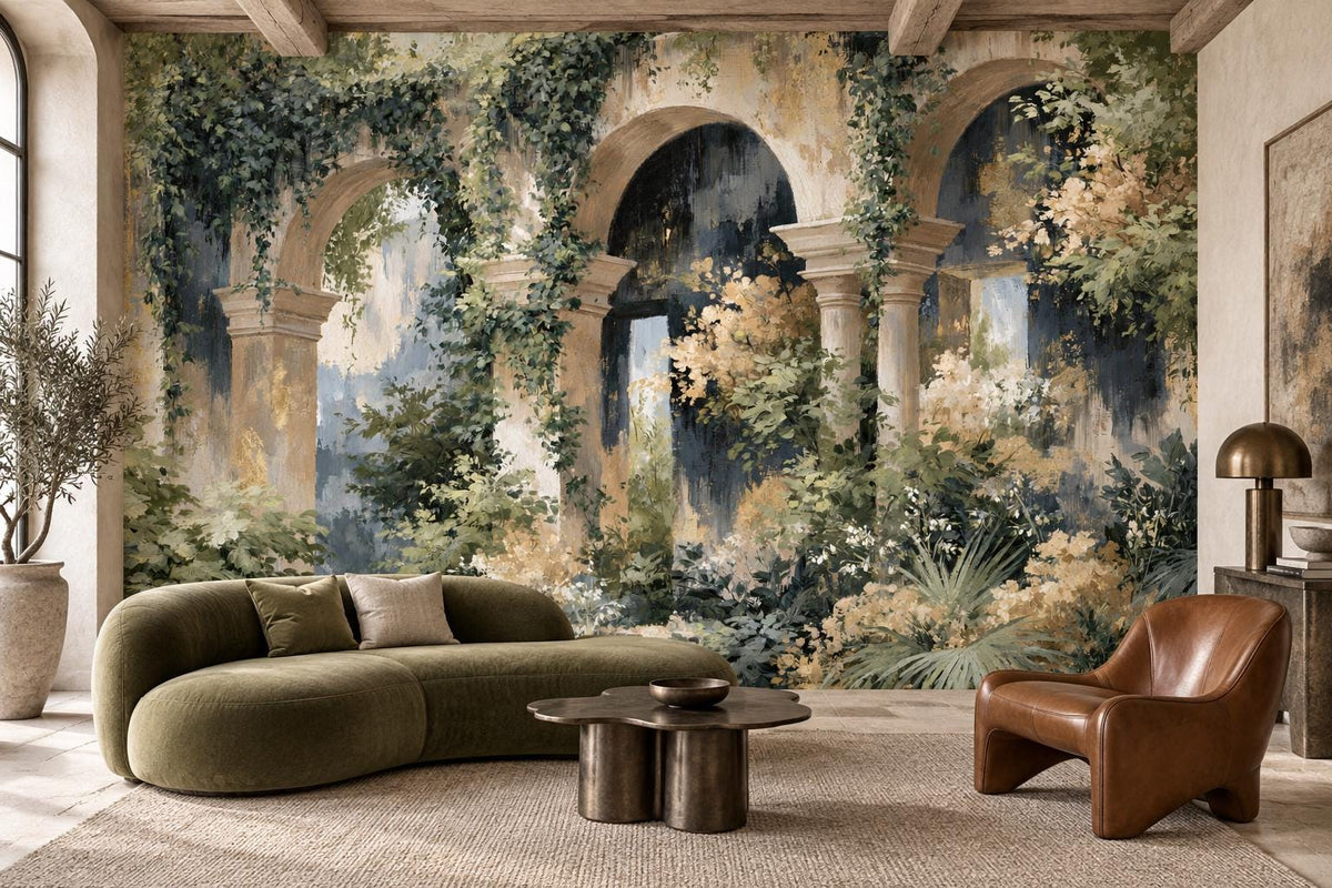 Ivy covered stone archway wall mural in a living room with an olive green curved sofa and a tan leather armchair