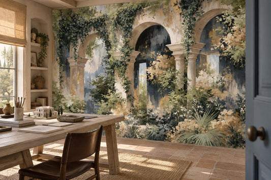 Italian courtyard garden mural behind a reclaimed wood table in a studio with built-in pottery shelves