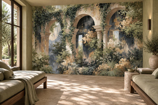 Stone arches and ivy wallpaper mural in a sunlit lounge with two sage daybeds and a terracotta floor