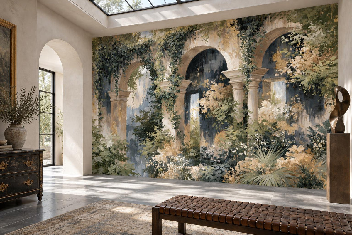 Sage green archway garden wall mural in an entry hall with a skylight, a black antique chest and a woven leather bench