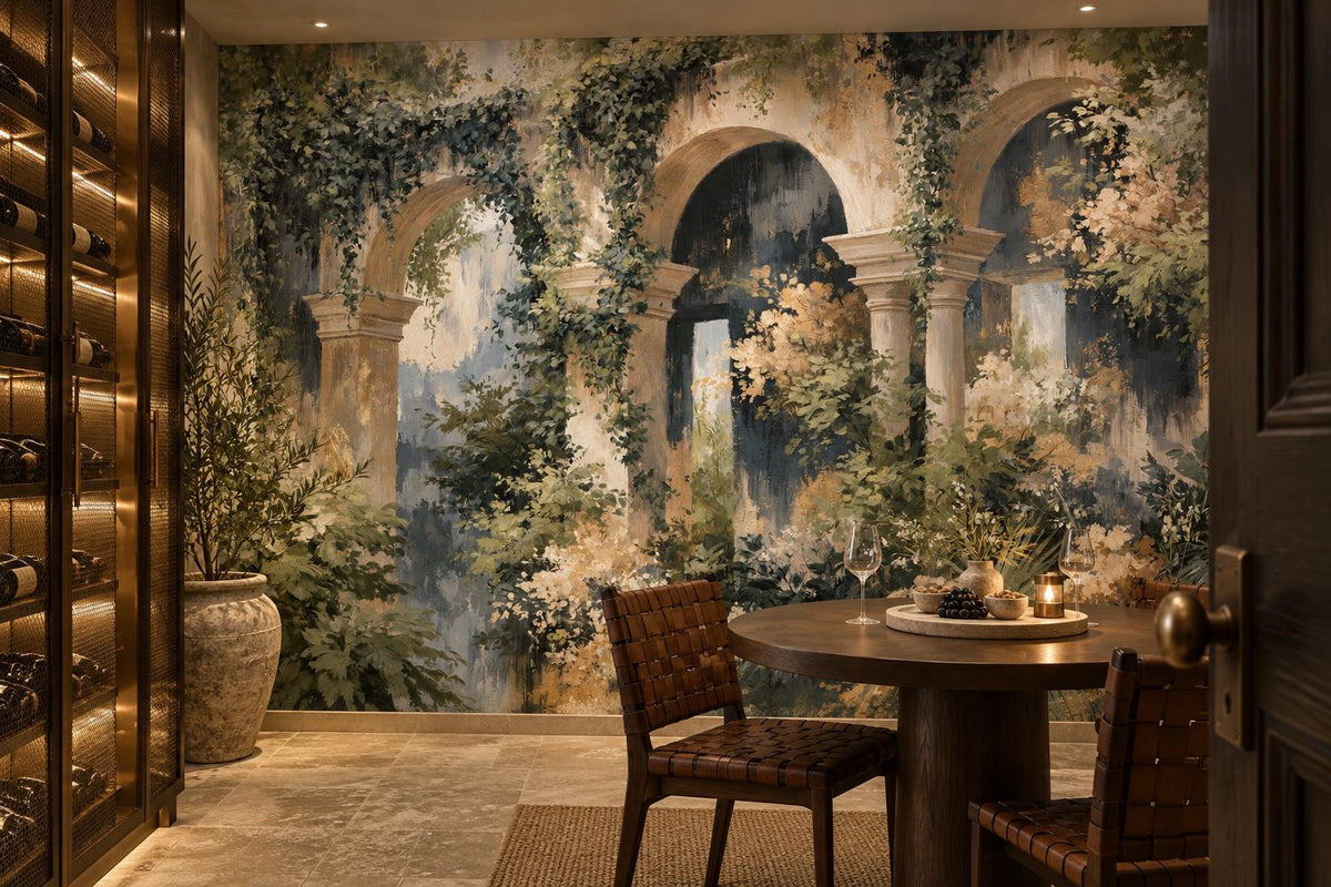 Climbing ivy and stone arcade mural in a wine tasting nook with a round table and woven leather chairs