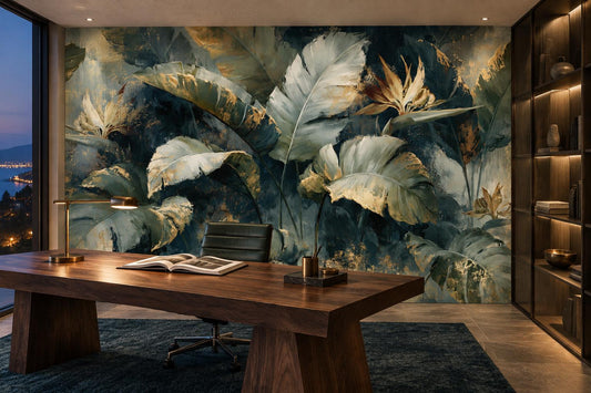Midnight teal bird of paradise wall mural in a home study with a dark walnut desk and built-in shelves