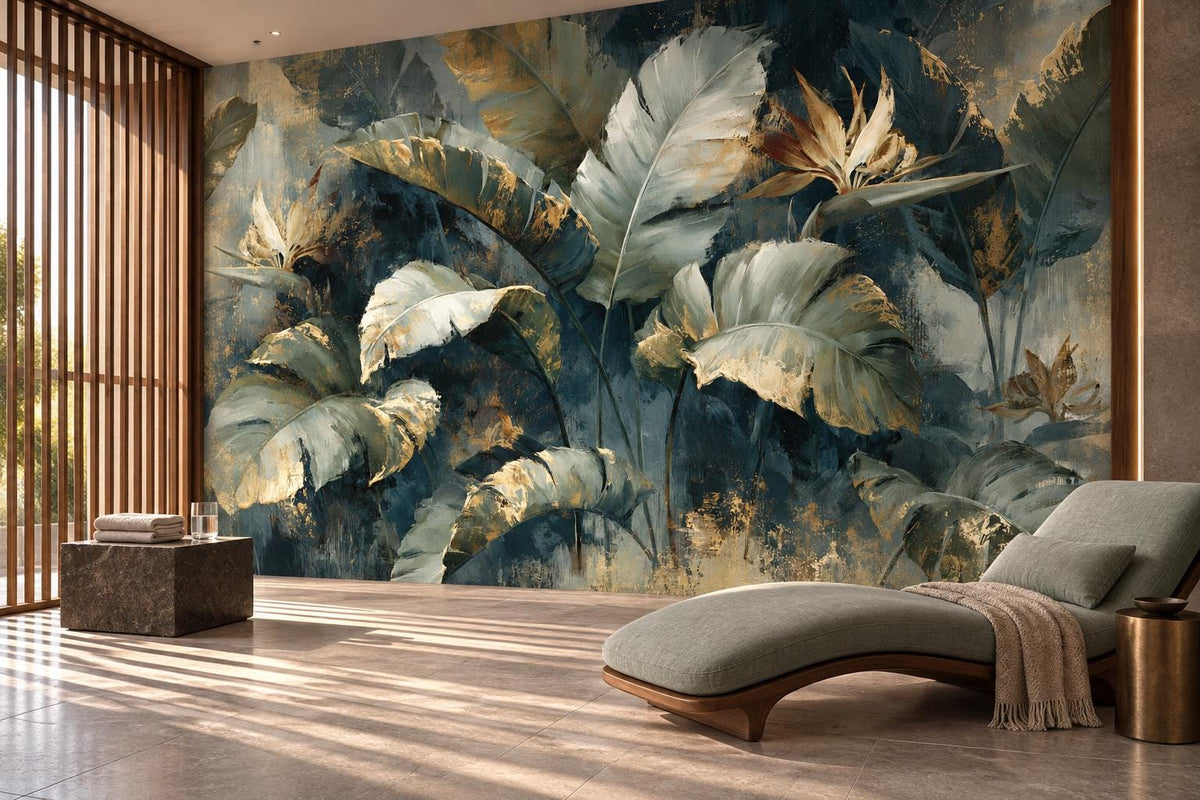 Dark teal banana leaf wall mural in a lounge with a gray chaise and slatted wood screens