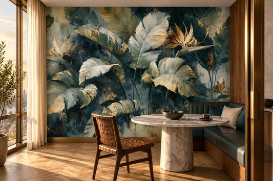 Gold-edged tropical leaf mural in a breakfast nook with a round marble table and a teal banquette