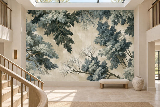 Misty evergreen canopy wall mural in a double-height entry with a skylight, a curved staircase and a cream bench