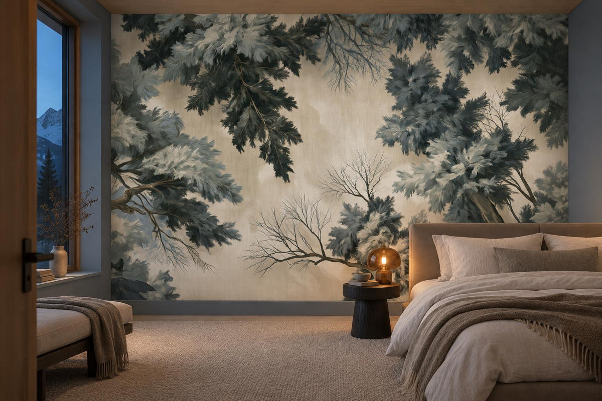 Blue green pine branch wallpaper mural behind a bed with taupe linen and an amber table lamp