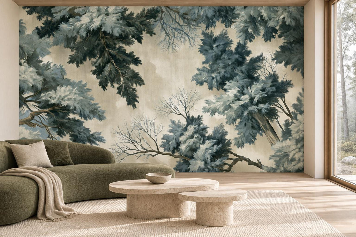 Evergreen forest canopy wall mural in a living room with an olive curved sofa and travertine coffee tables