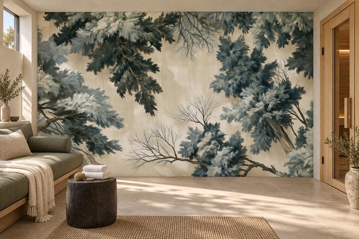Soft blue-green pine branch mural in a wellness lounge with a sage daybed and a cedar sauna door