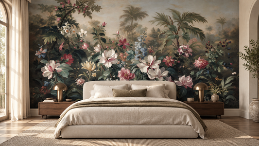Dark floral magnolia mural behind a cream upholstered bed with an olive throw, walnut nightstands and brass lamps
