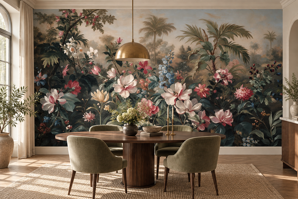Magnolia garden mural behind a round walnut dining table with four olive green velvet chairs and a brass pendant