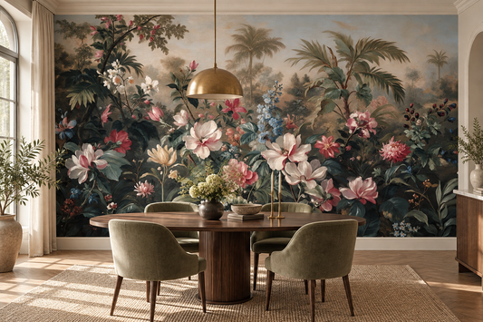 Magnolia garden mural behind a round walnut dining table with four olive green velvet chairs and a brass pendant