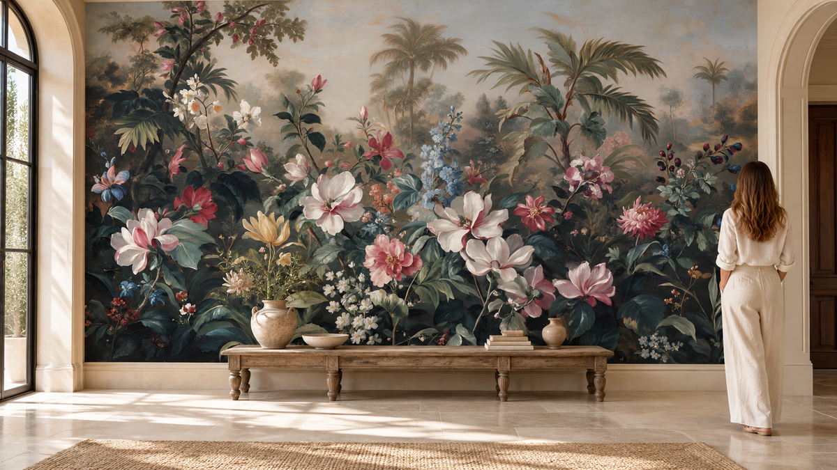 Misty magnolia mural in an arched entryway with a woman in cream linen beside a rustic wood console and ceramic urns