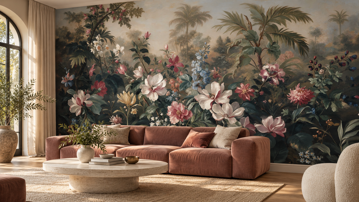 Misty magnolia garden mural behind a rust velvet sofa, a round travertine coffee table and a cream bouclé chair