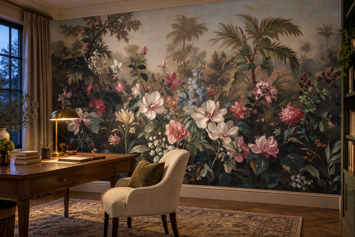 Misty garden mural in a study with a walnut desk, a brass lamp and a cream armchair with an olive cushion