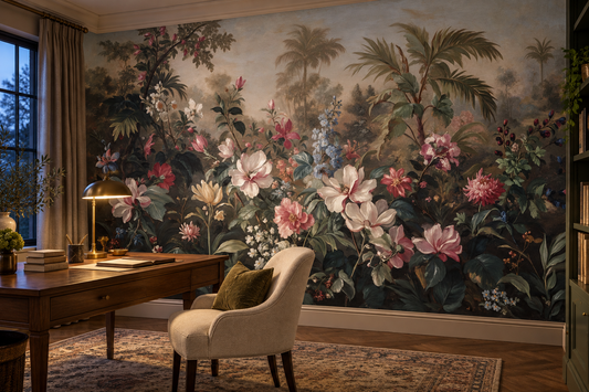Misty garden mural in a study with a walnut desk, a brass lamp and a cream armchair with an olive cushion