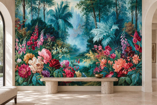 Misty teal forest garden wall mural with pink peonies in an entry with a limestone bench and arched doorways
