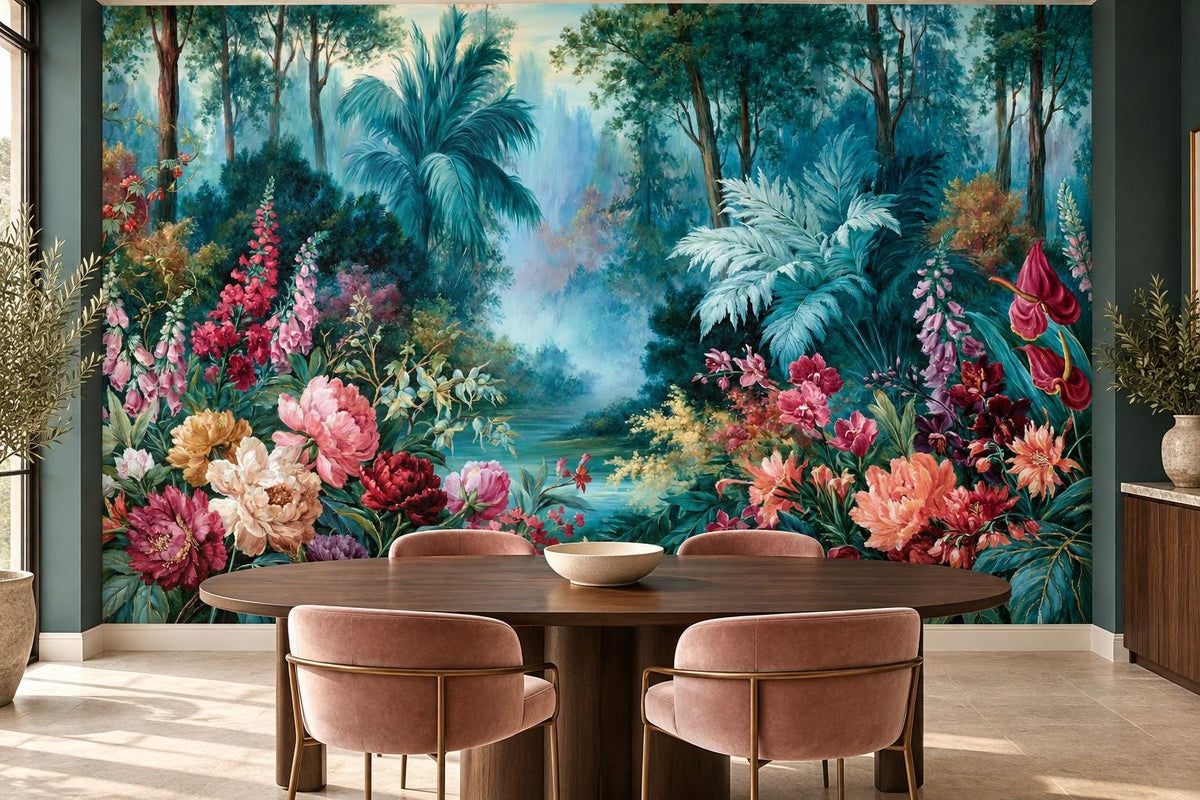 Pink coral peony and foxglove wallpaper mural in a dining room with an oval walnut table and dusty-pink velvet chairs