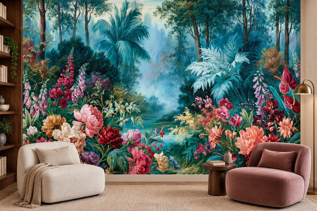 Teal forest and flower garden wall mural in a library lounge with a cream bouclé chair and a rose swivel chair