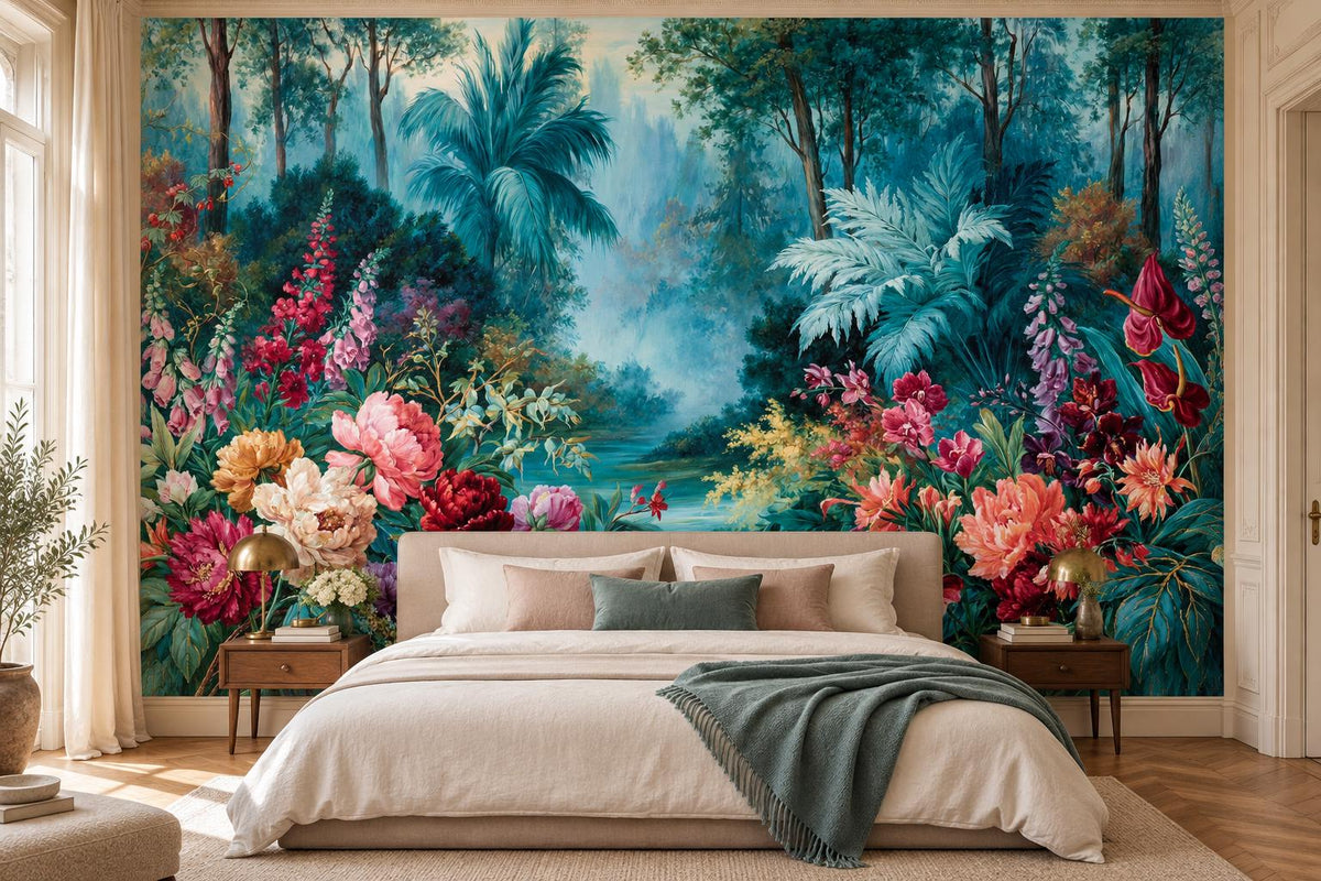 Pink peony and teal fern mural behind an upholstered bed with a teal throw